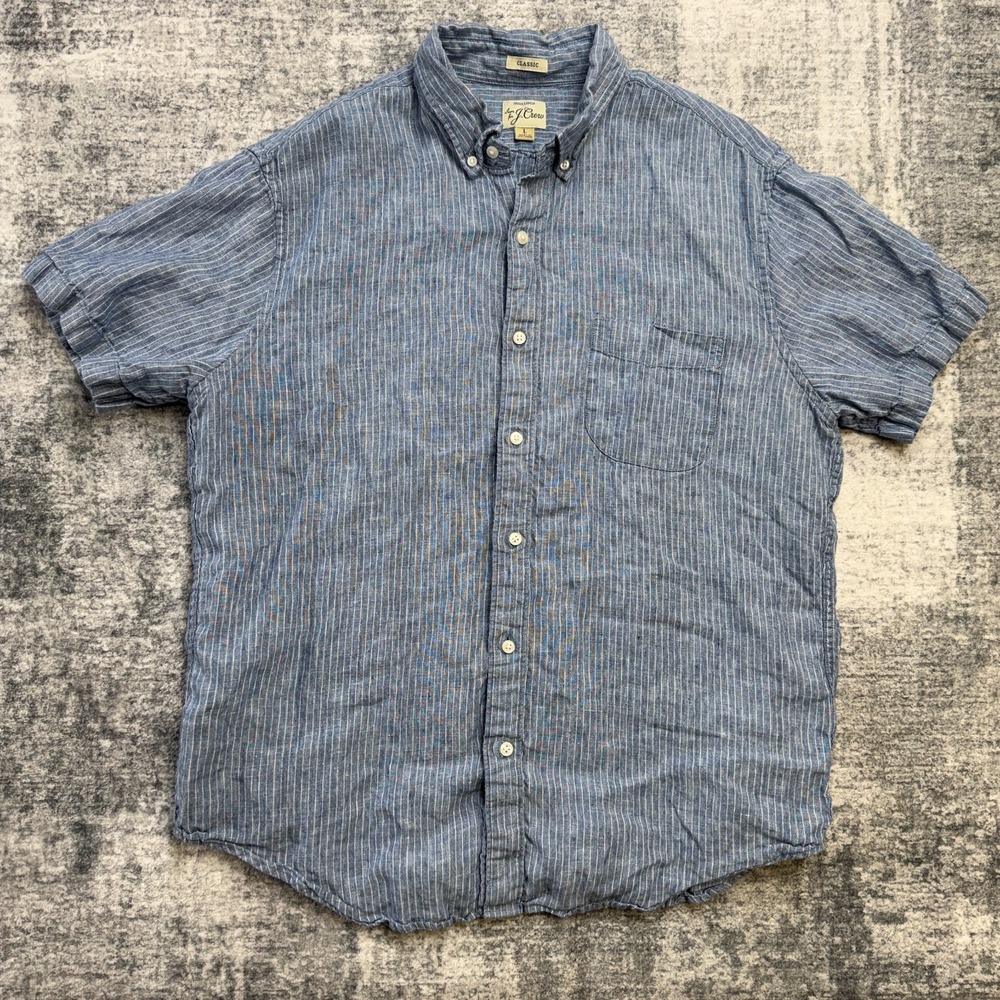 J Crew Shirt Mens Large Blue Striped Baird McNutt Irish Linen Preppy Coast Beach - Picture 2 of 8